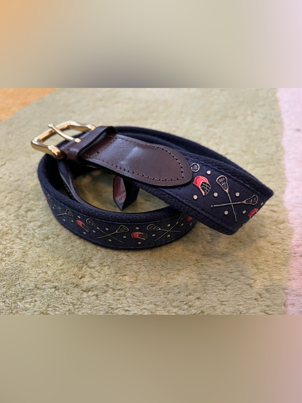 Vineyard Vines USA Blue Cotton Canvas Lacrosse Logo Leather Club Belt Sz 32”